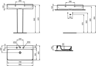 IDEAL STANDARD Umyvadlo Conca 800x450 mm, se 3 otvory pro baterii, bez přepadu #T379601 - Bílá (Alpine), obrázek 4
