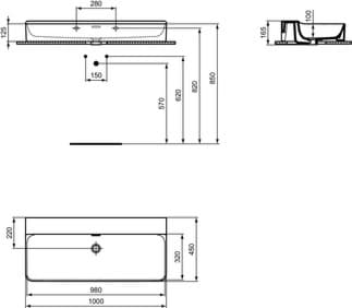 IDEAL STANDARD Umyvadlo Conca 1000x450mm, leštěné, bez otvoru pro baterii, s otvorem pro přepad (štěrbinové) #T383401 - Bílá (Alpine), obrázek 4