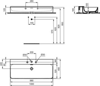 IDEAL STANDARD Umyvadlo Conca 1000x450 mm, leštěné, se 3 otvory pro baterie, s otvorem pro přepad (štěrbinové) #T383301 - Bílá (Alpine), obrázek 6