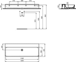 IDEAL STANDARD Umyvadlo Conca 1200x450mm, leštěné, bez otvoru pro baterii, bez přepadu #T3845MA - Bílá (Alpine) s Ideal Plus, obrázek 2