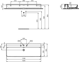IDEAL STANDARD Umyvadlo Conca 1200x450 mm, leštěné, se 3 otvory pro baterie, s otvorem pro přepad (štěrbinové) #T3840MA - Bílá (Alpine) s Ideal Plus, obrázek 5