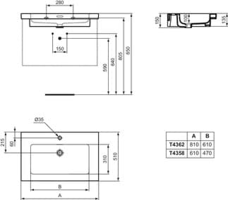IDEAL STANDARD Extra nábytkové umyvadlo 810x510 mm, s 1 otvorem pro baterii, s otvorem pro přepad (štěrbinové) #T4362MA - Bílá (Alpine) s Ideal Plus, obrázek 1