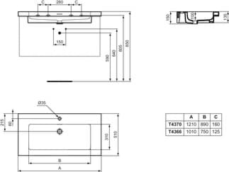 IDEAL STANDARD Extra nábytkové umyvadlo 1010x510mm, s 1 otvorem pro baterii, s přepadovým otvorem (štěrbinové) #T4366V1 - hedvábně bílá, obrázek 4