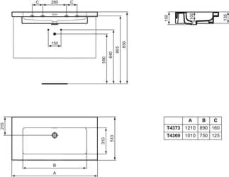 IDEAL STANDARD Extra nábytkové umyvadlo 1010x510mm, bez otvoru pro baterii, s otvorem pro přepad (štěrbinové) #T4369MA - Bílá (Alpine) s Ideal Plus, obrázek 2
