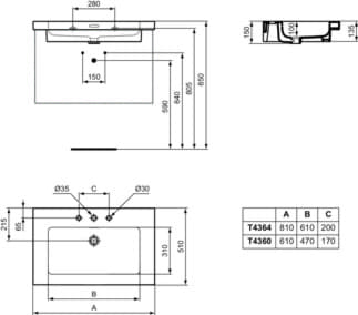 IDEAL STANDARD Extra nábytkové umyvadlo 610x510 mm, se 3 otvory pro baterii, s otvorem pro přepad (štěrbinové) #T436001 - Bílá (Alpine), obrázek 4