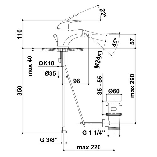 KREINER NAPOLI baterie bidetová stojánková s kovovou výpustí NA45KS