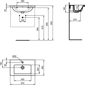 IDEAL STANDARD i.life S nábytkové umyvadlo 610x385mm, s 1 otvorem pro baterii, s otvorem pro přepad (kulatý) #T459001 - Bílá (Alpine), obrázek 1