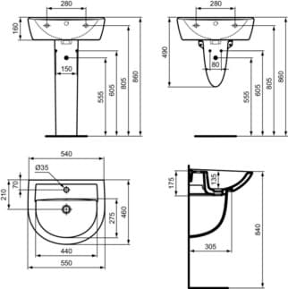 IDEAL STANDARD Umyvadlo Eurovit 550x460mm, s 1 otvorem pro baterii, s otvorem pro přepad (kulatý) #W332601 - Bílá (Alpine), obrázek 4