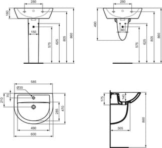 IDEAL STANDARD Umyvadlo Eurovit 600x470 mm, s 1 otvorem pro baterii, s otvorem pro přepad (kulatý) #W332301 - Bílá (Alpine), obrázek 4