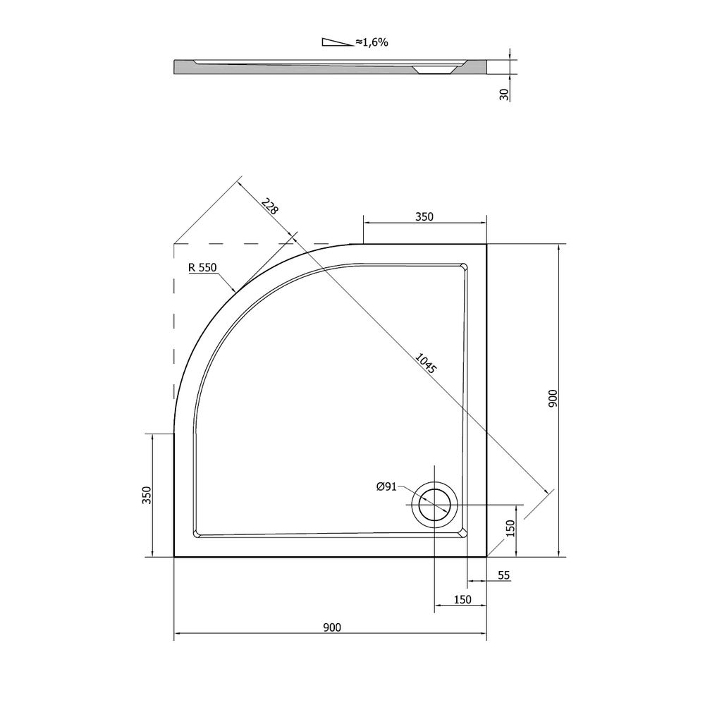 KREINER NAPOLI sprchová vanička čtvrtkruh 90cm, litý mramor KRENASVAIS90