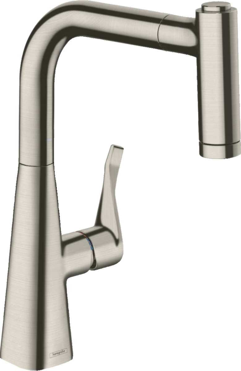 HANSGROHE Metris M71 kuchyňská páková baterie 220, vytahovatelná sprška, 2jet, sBox #73800800 - vzhled nerezu