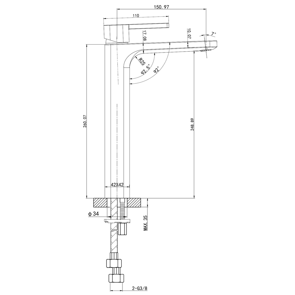 KREINER PREMIUM SQUARE baterie umyvadlová vysoká s click-clack odtokovou soupravou E000008 - chrom