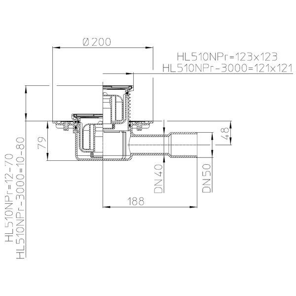 HL 510NPr podlahová vpusť DN40/50 - mřížka 115x115 nerez HL510NPr