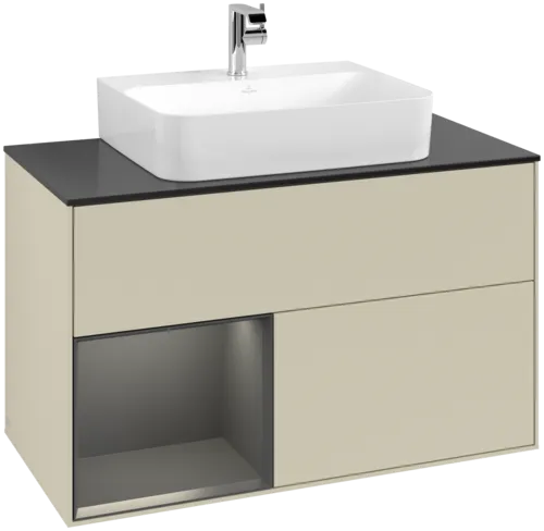 VILLEROY BOCH Toaletní skříňka Finion, s osvětlením, 2 výsuvy, 1000 x 603 x 501 mm, hedvábně šedý matný lak / černý matný lak / černé matné sklo #F112PDHJ