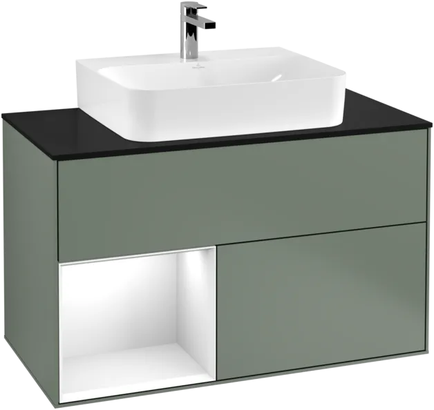 VILLEROY BOCH Toaletní skříňka Finion, s osvětlením, 2 výsuvy, 1000 x 603 x 501 mm, olivový matný lak / lesklý bílý lak / sklo černé matné #F112GFGM, obrázek 1