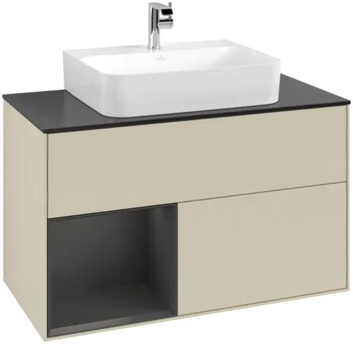 VILLEROY BOCH Toaletní skříňka Finion, s osvětlením, 2 výsuvy, 1000 x 603 x 501 mm, hedvábně šedý matný lak / lesklý bílý lak / černé matné sklo #F112GFHJ