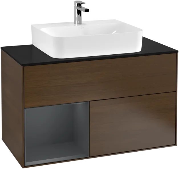 VILLEROY BOCH Toaletní skříňka Finion, s osvětlením, 2 výsuvy, 1000 x 603 x 501 mm, ořechová dýha / půlnočně modrý matný lak / černé matné sklo #F112HGGN