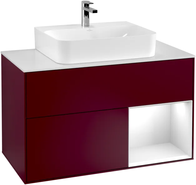 VILLEROY BOCH Toaletní skříňka Finion, s osvětlením, 2 výsuvy, 1000 x 603 x 501 mm, Pivoňka matný lak / lesklý bílý lak / sklo bílé matné #F121GFHB