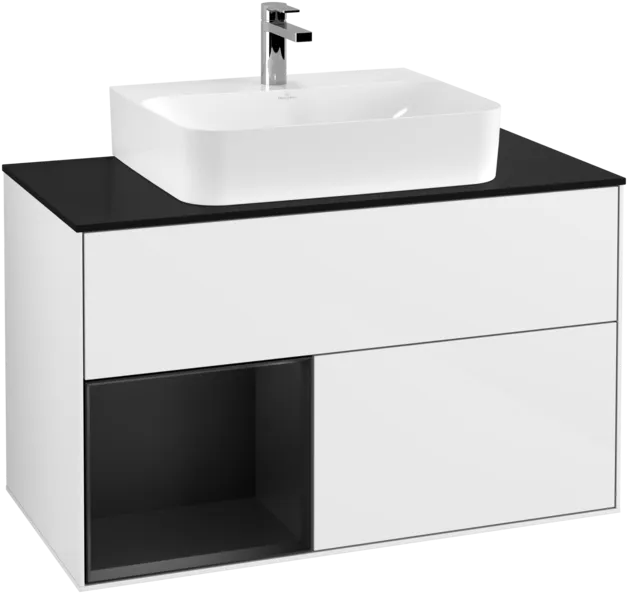 VILLEROY BOCH Umyvadlová skříňka Finion, s osvětlením, 2 výsuvy, 1000 x 603 x 501 mm, lesklý bílý lak / černý matný lak / černé matné sklo #F112PDGF