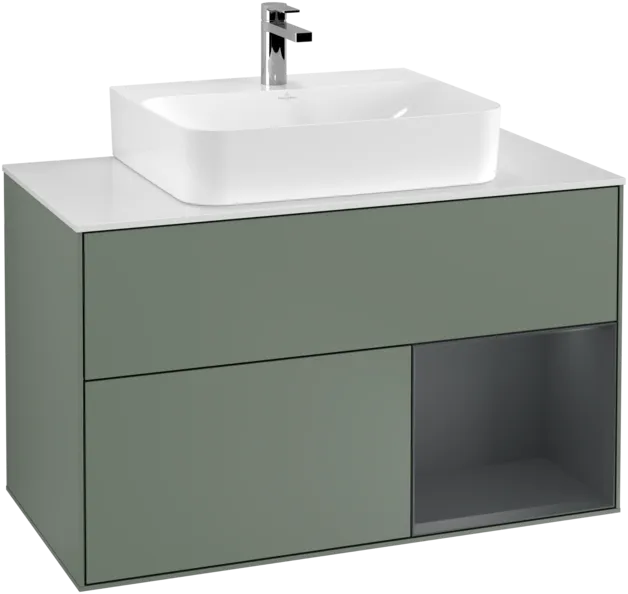 VILLEROY BOCH Toaletní skříňka Finion, s osvětlením, 2 výsuvy, 1000 x 603 x 501 mm, olivový matný lak / půlnoční modrý matný lak / bílé matné sklo #F121HGGM