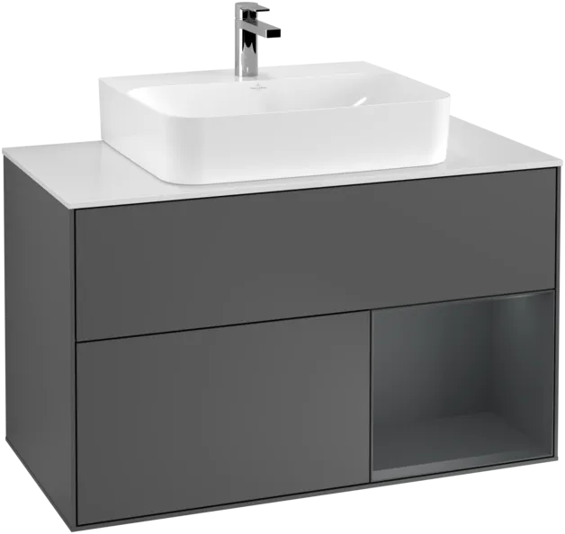 VILLEROY BOCH Toaletní skříňka Finion, s osvětlením, 2 výsuvy, 1000 x 603 x 501 mm, antracitový matný lak / půlnoční modrý matný lak / bílé matné sklo #F121HGGK