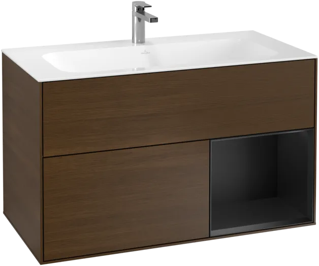 VILLEROY BOCH Toaletní skříňka Finion, s osvětlením, 2 výsuvy, 996 x 591 x 498 mm, ořechová dýha / černý matný lak #F040PDGN