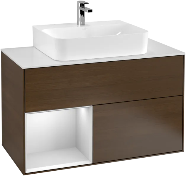 VILLEROY BOCH Umyvadlová skříňka Finion, s osvětlením, 2 výsuvy, 1000 x 603 x 501 mm, ořechová dýha / bílý matný lak / bílé matné sklo #F111MTGN
