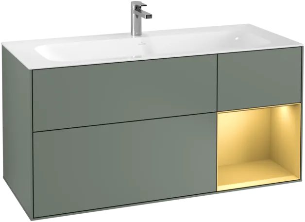 VILLEROY BOCH Toaletní skříňka Finion, s osvětlením, 3 výsuvy, 1196 x 591 x 498 mm, olivový matný lak / zlatý matný lak #F070HFGM, obrázek 1