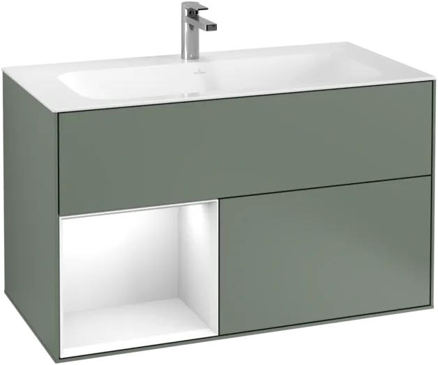 VILLEROY BOCH Toaletní skříňka Finion, s osvětlením, 2 výsuvy, 996 x 591 x 498 mm, olivový matný lak / lesklý bílý lak #F030GFGM