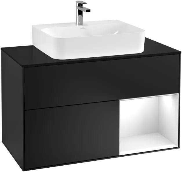 VILLEROY BOCH Umyvadlová skříňka Finion, s osvětlením, 2 výsuvy, 1000 x 603 x 501 mm, černý matný lak / lesklý bílý lak / černé matné sklo #F122GFPD