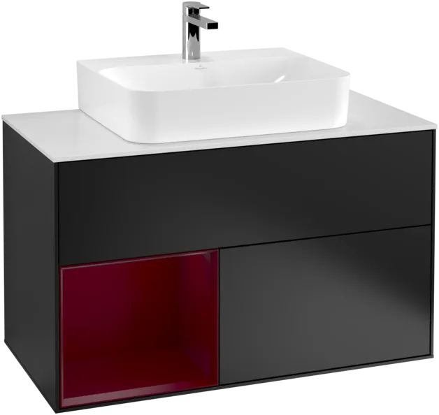VILLEROY BOCH Toaletní skříňka Finion, s osvětlením, 2 výsuvy, 1000 x 603 x 501 mm, černý matný lak / pivoňkový matný lak / bílé matné sklo #F111HBPD