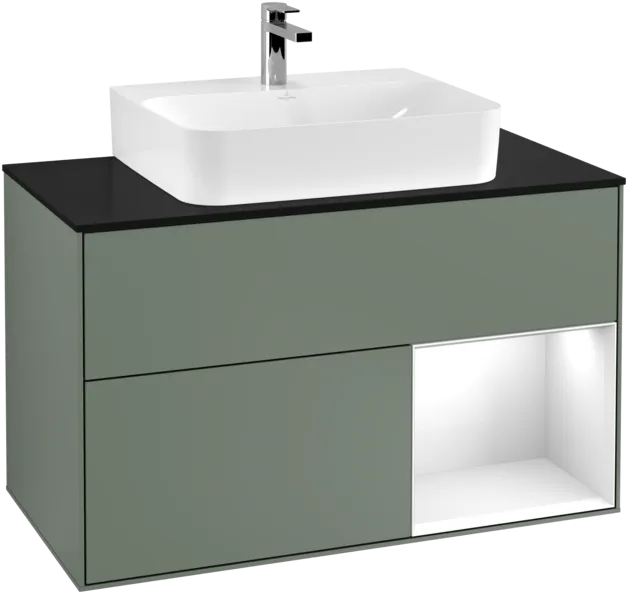 VILLEROY BOCH Toaletní skříňka Finion, s osvětlením, 2 výsuvy, 1000 x 603 x 501 mm, olivový matný lak / lesklý bílý lak / sklo černé matné #F122GFGM, obrázek 1