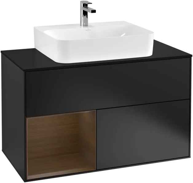 VILLEROY BOCH Toaletní skříňka Finion, s osvětlením, 2 výsuvy, 1000 x 603 x 501 mm, černý matný lak / ořechová dýha / černé matné sklo #F112GNPD