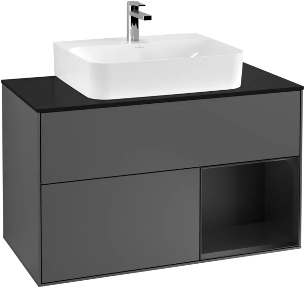 VILLEROY BOCH Toaletní skříňka Finion, s osvětlením, 2 výsuvy, 1000 x 603 x 501 mm, antracitový matný lak / černý matný lak / černé matné sklo #F122PDGK