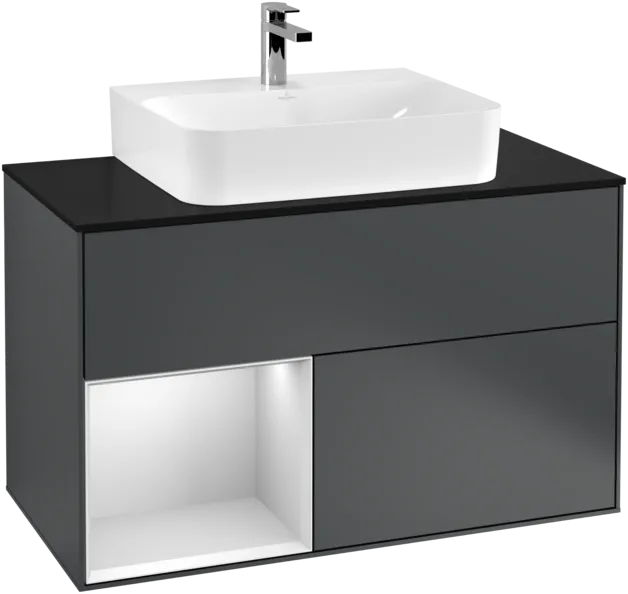 VILLEROY BOCH Toaletní skříňka Finion, s osvětlením, 2 výsuvy, 1000 x 603 x 501 mm, Midnight Blue Matt Lacquer / White Matt Lacquer / Glass Black Matt #F112MTHG, obrázek 1