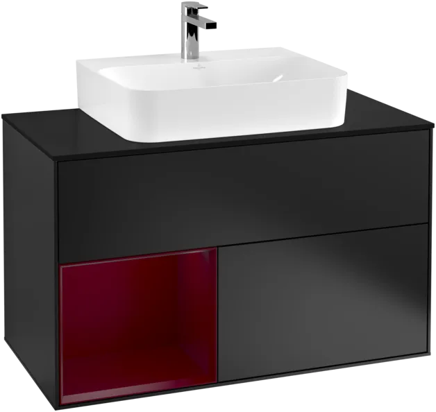 VILLEROY BOCH Toaletní skříňka Finion, s osvětlením, 2 výsuvy, 1000 x 603 x 501 mm, černý matný lak / pivoňkový matný lak / černé matné sklo #F112HBPD
