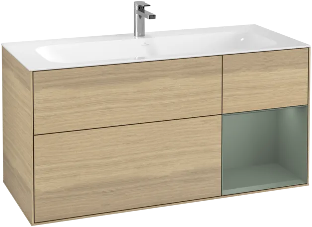VILLEROY BOCH Toaletní skříňka Finion, s osvětlením, 3 výsuvy, 1196 x 591 x 498 mm, dubová dýha / olivově matný lak #F070GMPC, obrázek 1