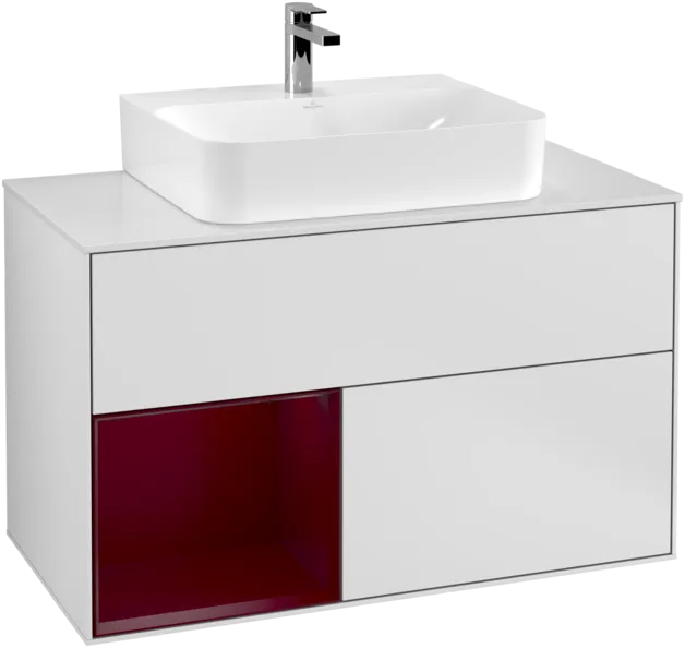 VILLEROY BOCH Toaletní skříňka Finion, s osvětlením, 2 výsuvy, 1000 x 603 x 501 mm, bílý matný lak / pivoňkový matný lak / bílé matné sklo #F111HBMT