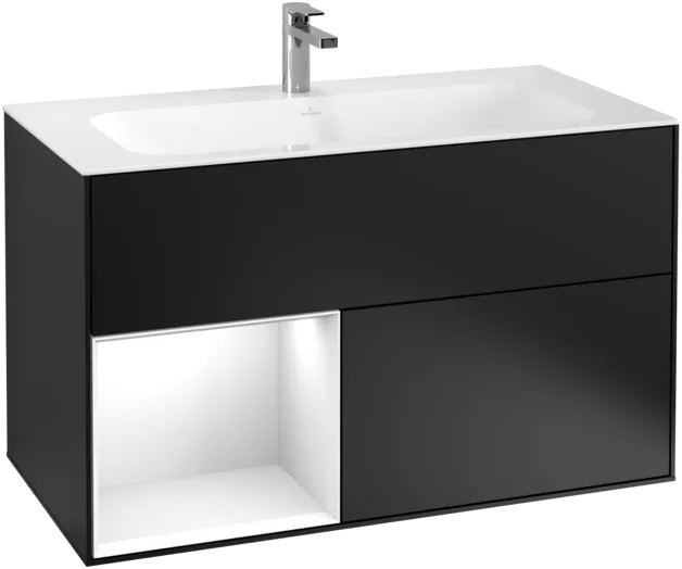 VILLEROY BOCH Toaletní skříňka Finion, s osvětlením, 2 výsuvy, 996 x 591 x 498 mm, černý matný lak / lesklý bílý lak #F030GFPD