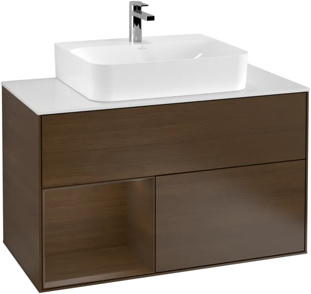 VILLEROY BOCH Toaletní stolek Finion, s osvětlením, 2 výsuvy, 1000 x 603 x 501 mm, ořechová dýha / ořechová dýha / sklo bílé matné #F111GNGN