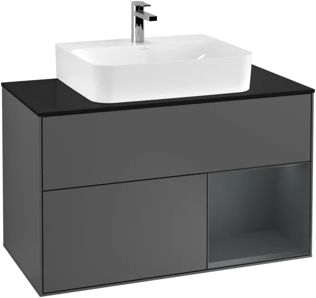 VILLEROY BOCH Toaletní skříňka Finion, s osvětlením, 2 výsuvy, 1000 x 603 x 501 mm, antracitový matný lak / půlnoční modrý matný lak / černé matné sklo #F122HGGK