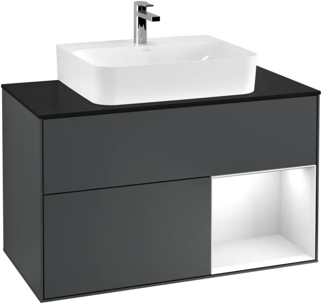 VILLEROY BOCH Toaletní skříňka Finion, s osvětlením, 2 výsuvy, 1000 x 603 x 501 mm, Midnight Blue Matt Lacquer / Glossy White Lacquer / Glass Black Matt #F122GFHG, obrázek 1
