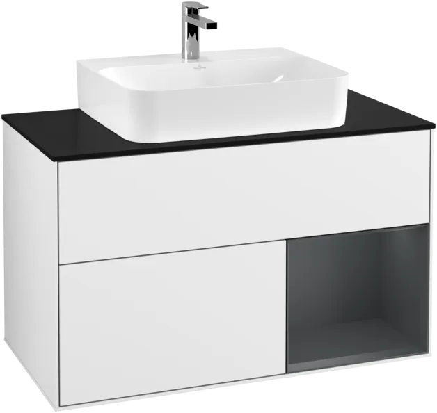 VILLEROY BOCH Toaletní skříňka Finion, s osvětlením, 2 výsuvy, 1000 x 603 x 501 mm, lesklý bílý lak / půlnoční modrý matný lak / černé matné sklo #F122HGGF
