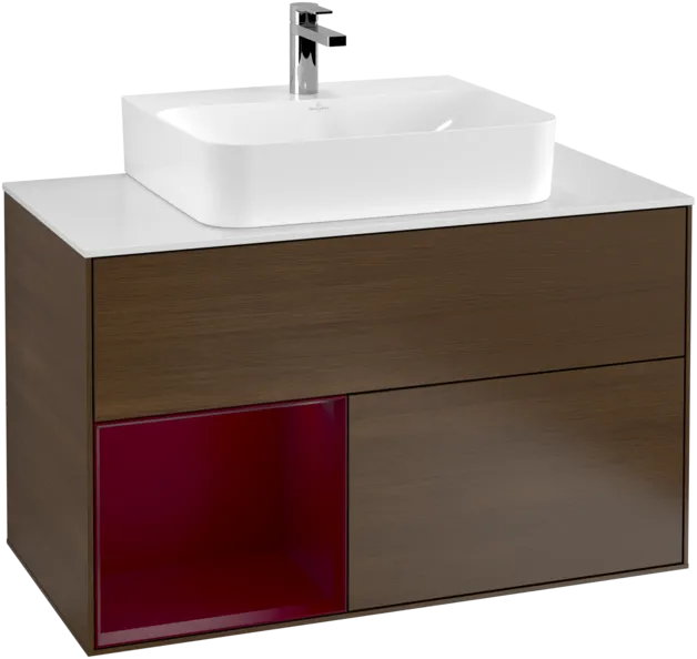 VILLEROY BOCH Toaletní skříňka Finion, s osvětlením, 2 výsuvy, 1000 x 603 x 501 mm, ořechová dýha / matný lak Pivoňka / matné bílé sklo #F111HBGN