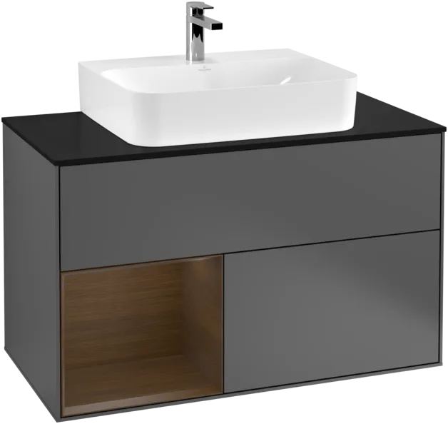 VILLEROY BOCH Toaletní skříňka Finion, s osvětlením, 2 výsuvy, 1000 x 603 x 501 mm, antracitový matný lak / ořechová dýha / černé matné sklo #F112GNGK