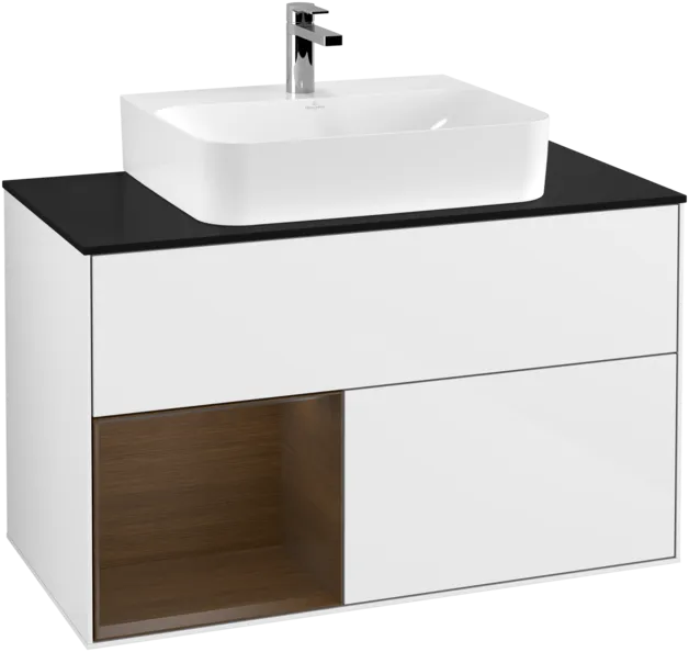 VILLEROY BOCH Toaletní skříňka Finion, s osvětlením, 2 výsuvy, 1000 x 603 x 501 mm, lesklý bílý lak / ořechová dýha / černé matné sklo #F112GNGF