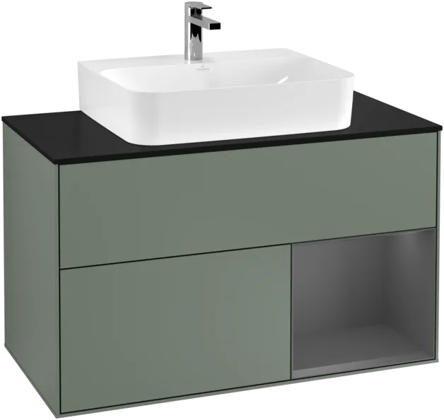 VILLEROY BOCH Toaletní skříňka Finion, s osvětlením, 2 výsuvy, 1000 x 603 x 501 mm, olivový matný lak / antracitový matný lak / černé matné sklo #F122GKGM, obrázek 1