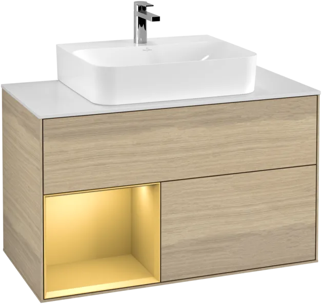 VILLEROY BOCH Toaletní stolek Finion, s osvětlením, 2 výsuvy, 1000 x 603 x 501 mm, dubová dýha / zlatý matný lak / sklo bílé matné #F111HFPC, obrázek 1