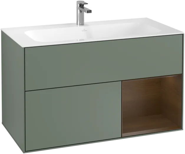 VILLEROY BOCH Toaletní skříňka Finion, s osvětlením, 2 výsuvy, 996 x 591 x 498 mm, olivový matný lak / ořechová dýha #F040GNGM