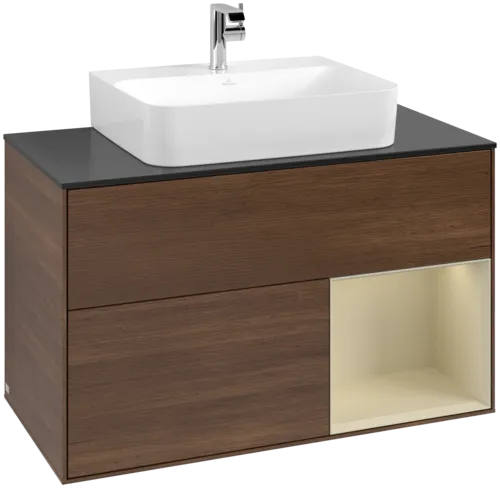 VILLEROY BOCH Toaletní stolek Finion, s osvětlením, 2 výsuvy, 1000 x 603 x 501 mm, ořechová dýha / hedvábně šedý matný lak / sklo černé matné #F122HJGN